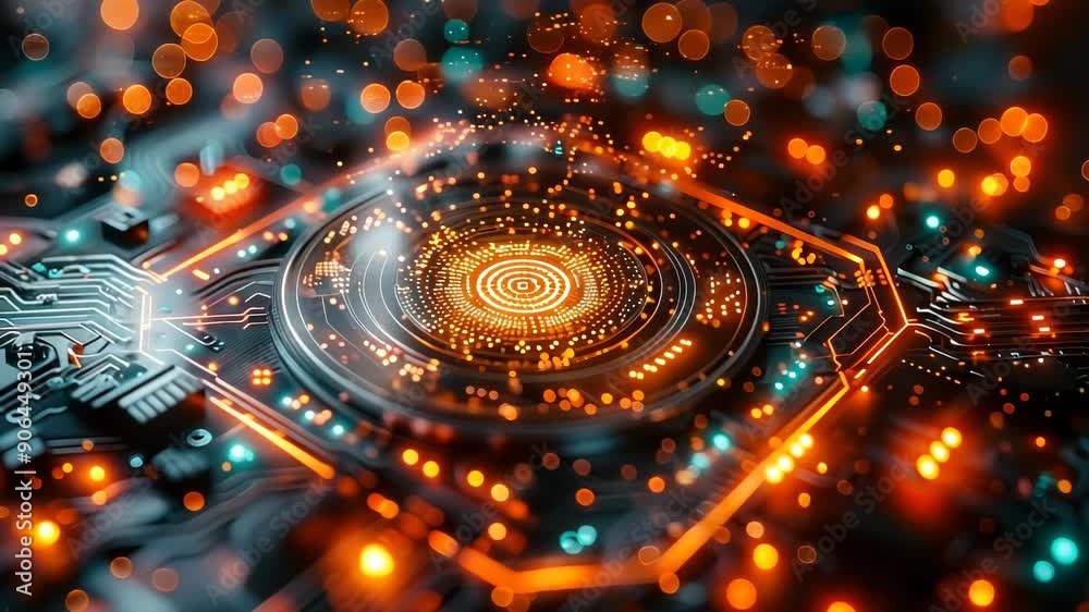 Poster advanced quantum computer cpu processor with qubit intelligent computing technology in futuristic cy