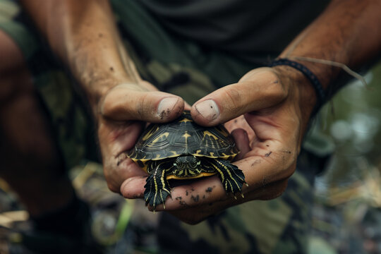 Man holding turtle outdoors, a close-up view. Generative AI image