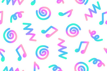 Seamless musical pattern with holographic color elements. Musical notes, zigzags, swirls in pink and blue colors on white background. Hand drawn doodles. Cute pattern. Vector illustration.