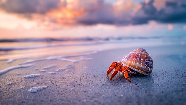Hermit Crab on Beach with Stormy Horizon