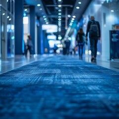 Fototapeta premium Blurred Blue Carpet at Convention Center with Pedestrians in the Background, Conveying the Dynamic Atmosphere of a Conference Venue
