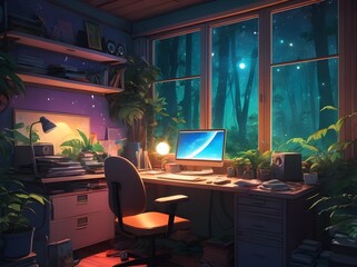  room night view with computer