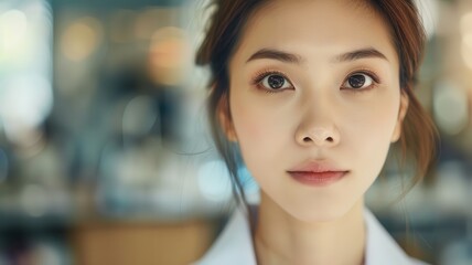Compassionate close-up portrait of a young Chinese Malaysian female doctor in a clinical setting