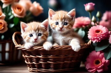 Two little ginger kittens sit in a basket surrounded by flowers.