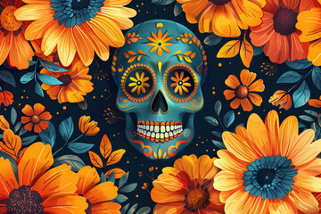 Day of the Dead Skull with Vibrant Flowers and Decorations. Generative AI