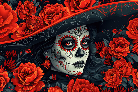 Elegant Catrina Skull Art Surrounded by Red Flowers. Generative AI