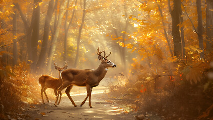 Autumn Path with Buck and Doe