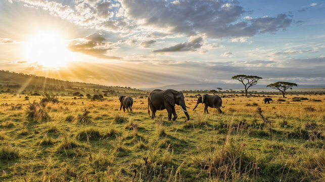 African elephants in a sunlit savannah during sunset. Generative AI image