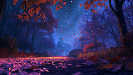 Dreamlike Night Path with Starry Sky and Neon Elements