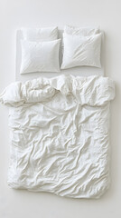 Obraz premium Blank white bed mock up, top view isolated on white background. Empty blanket and pillows mockup in bedstead