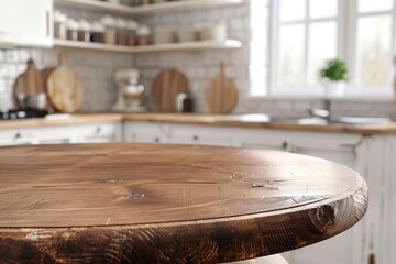 Obraz premium Empty beautiful round wood tabletop counter on interior in clean and bright kitchen background, Ready for display, Banner, for product montage with generative ai