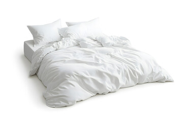 Blank white bed mock up, top view isolated on white background. Empty blanket and pillows mockup in bedstead