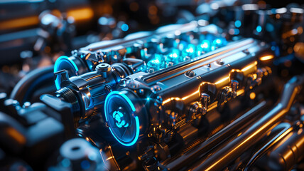 Fototapeta premium Futuristic metallic car engine with blue neon abstract