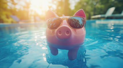 Piggy bank with sunglasses floating in a pool under the sun. Fun and whimsical scene perfect for summer and savings themes