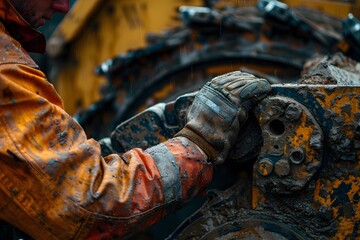 Fototapeta premium Close-Up of a Worker Operating Heavy Machinery in Muddy Conditions