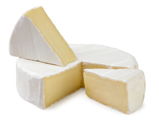 Camembert cheese and two pieces on a white background. Isolated