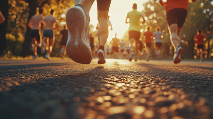 A group of people running on the road, close-up and low angle shot focusing on their shoes. 