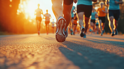 A group of people running on the road, close-up and low angle shot focusing on their shoes. 