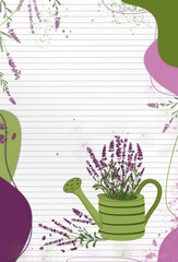 Romantic story note page or letter template bavkground with bouquet of lavender flowers and water can . Spots frame floral lavender plant background with empty sheet .Free copy space.