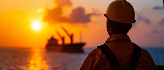 silhouette of a worker contemplating the sunset on a cargo ship at sea