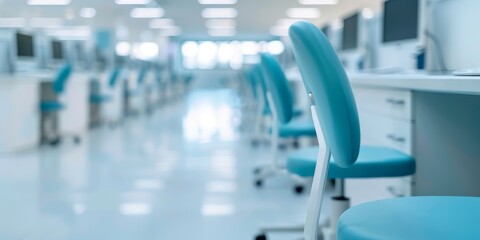 Fototapeta premium modern office interior with rows of empty blue chairs and desks - minimalist workspace design concept