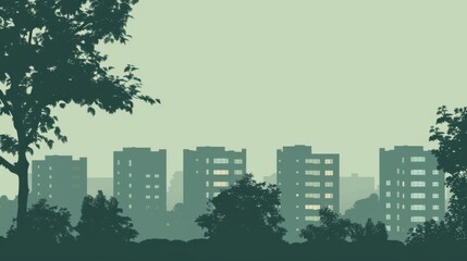 Fototapeta premium Minimalism illustration, silhouette of an urban residential area with apartment buildings and trees, flat illustration on muted green background, empty copy space.
