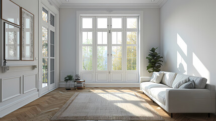Fototapeta premium A bright and airy living room with large windows, hardwood floors, and a white couch. Sunlight streams through the windows, illuminating the room.