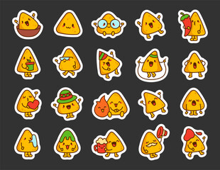 Cute kawaii nachos character. Sticker Bookmark. Funny cartoon food. Hand drawn style. Vector drawing. Collection of design elements.