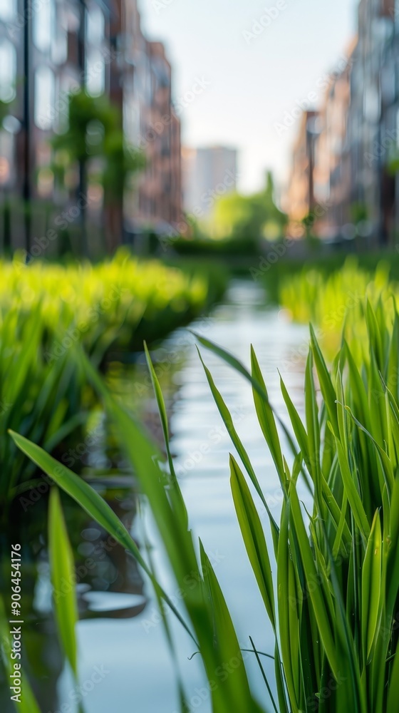 Wall mural lush green grass and water channel in urban environment, cityscape in background, sustainable design