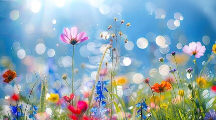 Meadow colorful flowers in early sunny fresh morning. Blue sky background. 
