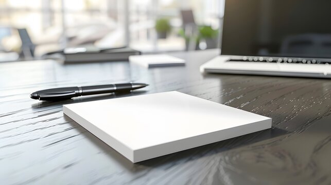 Blank white adhesive note paper on a clean office desk with a pen and laptop in the background