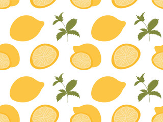 Seamless pattern of lemon, lemon halves and mint drawn in cartoon hand-drawn style. Vector illustration for print, textile, wrapping paper, covers etc.