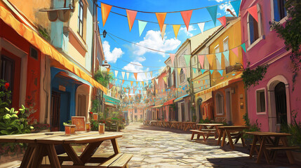 Fototapeta premium A colorful street scene with vibrant flags hanging across, wooden tables, and buildings in various shades, creating a festive and lively atmosphere