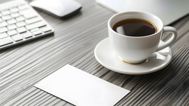 Close-up of a white sticky note on an office desk with a cup of coffee and computer keyboard