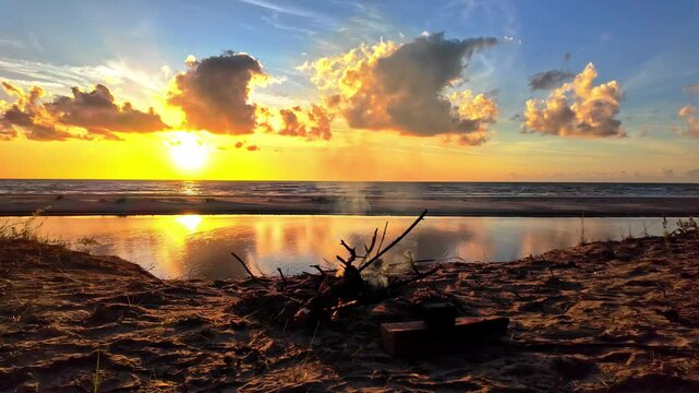 Static shot of a beautiful sunset from Irbes ieteka, Kempings in Latvia.