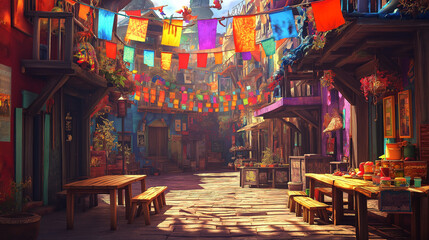 Obraz premium A colorful street scene with vibrant flags hanging across, wooden tables, and buildings in various shades, creating a festive and lively atmosphere