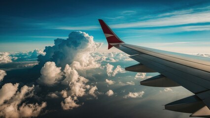 Obraz premium Picture of sky and white clouds, view from inside the plane. Blue sky mixed with warm orange, conveys the idea of ​​travel, relaxation.