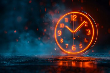 Neon Clock in a Mystical Atmosphere with Smoke and Light Effects
