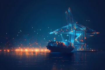 Obraz premium Futuristic Port Scene with Cargo Ship and Cranes Illuminated by Digital Lights