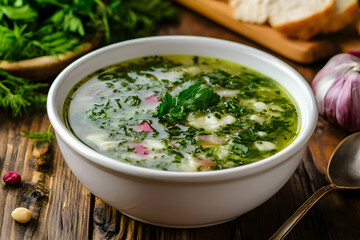 Bowl with traditional Russian okroshka soup isolated on white background