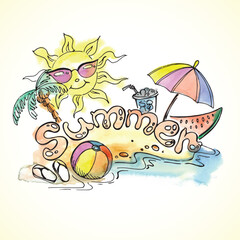 Bright colorful summer banner. inscription summer. vector watercolor style.