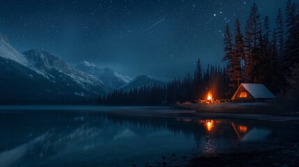 Camping under stars with bonfire and tent in Banff National Park