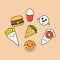 Cartoon Style Fast Food Items Vector Illustration for World Food Day.