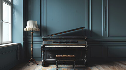 A black piano sits in a room with dark blue walls, the lid is open and a floor lamp stands in the corner.