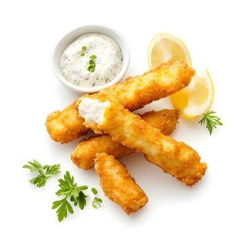 Fish sticks with lemon and tartar sauce isolated on white background