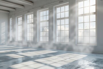 "Abstract White Studio Background for Product Presentations, Featuring a Vacant Room with Window Shadows and a Hazy Backdrop"
