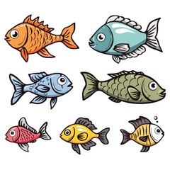 Colorful cartoon fish collection, various species colors. Set six different cute fish characters, cartoon style, underwater creatures. Brightly illustrated aquatic animals, isolated white background