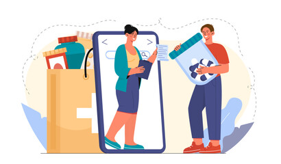 Online pharmacy concept. Man with tablets and woman near smartphone screen. Health care and medicine, pharmaceutical treatment. Shopping on internet and home delivery. Flat vector illustration
