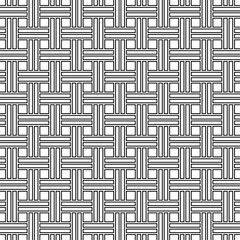 Seamless geometric pattern consisting of black and white weaves arranged symmetrically and repeating. Suitable for various design purposes such as textiles, tiles, wallpaper, backdrops, etc.