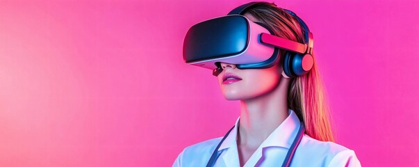 Female doctor wearing VR headset on pink background. Studio portrait. Medical technology and innovation concept. Design for poster, wallpaper, banner, greeting card.